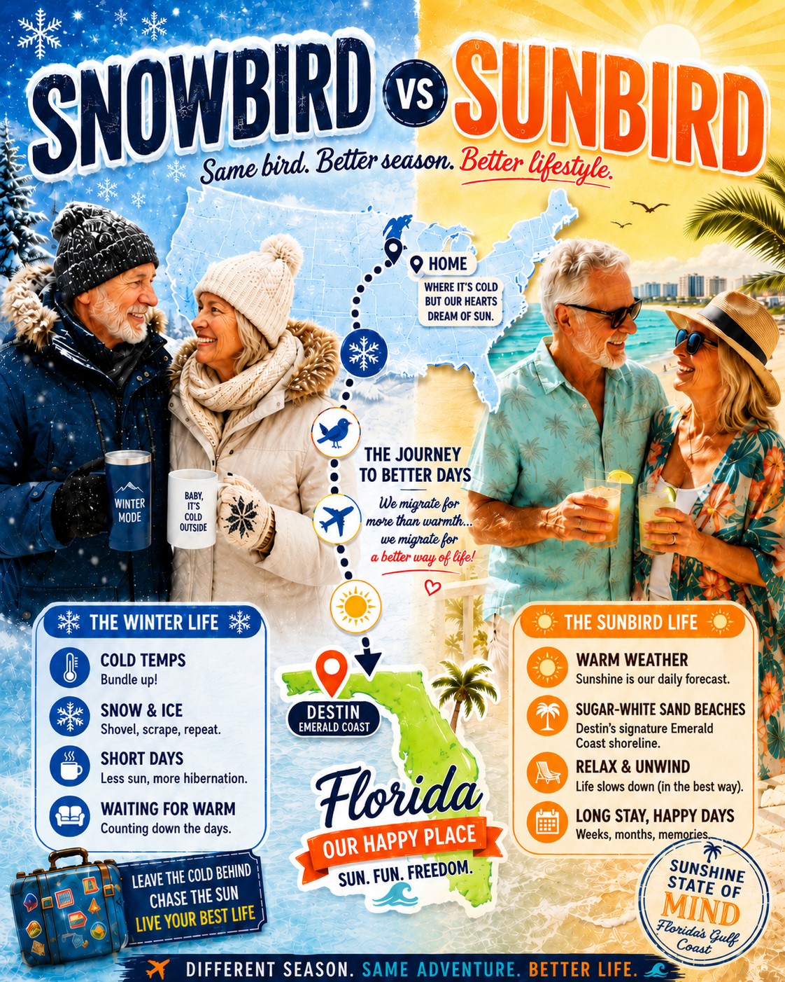 Snowbird vs Sunbird — Escape winter and live your best life in Destin Florida